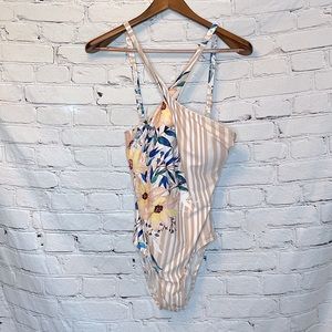 Athena Tan White Striped Floral Halter Swimsuit Size 6 Excellent Condition
